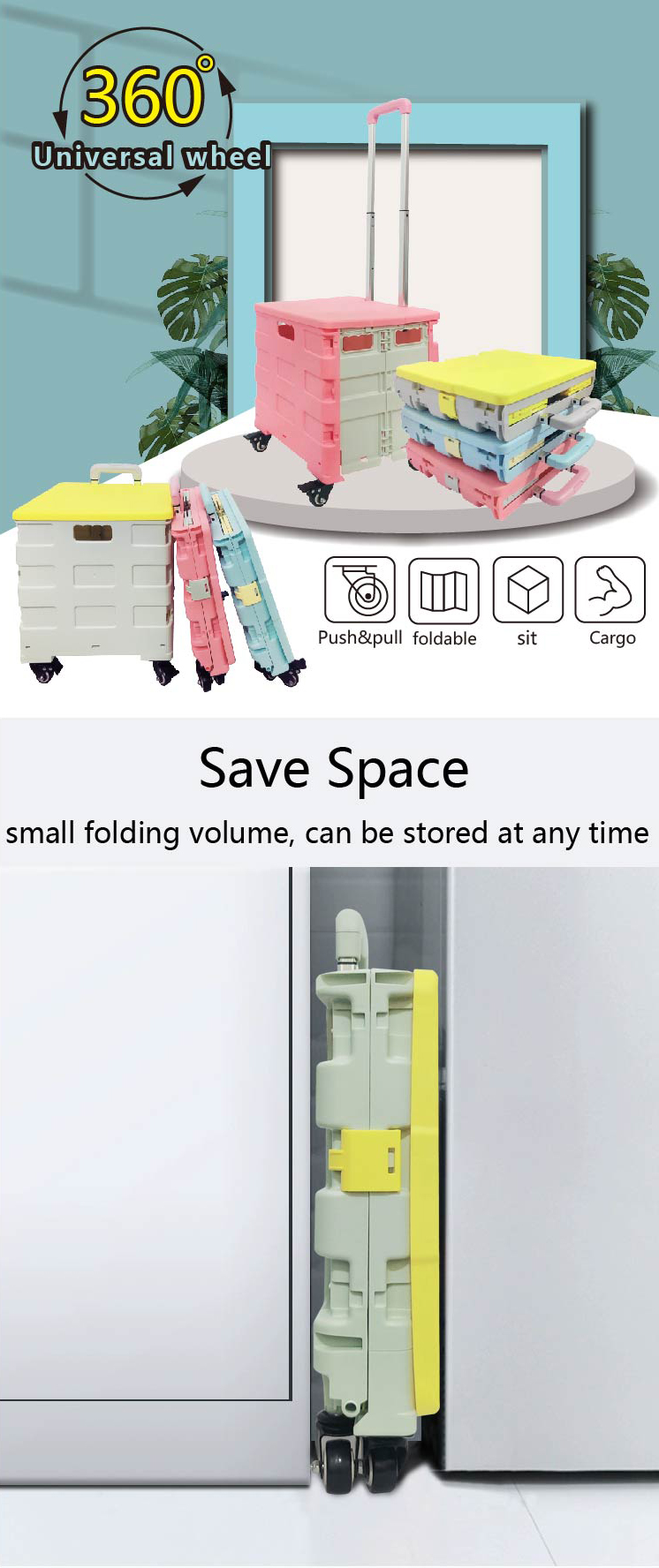 Foldable cart showing universal wheels and push-pull functionality