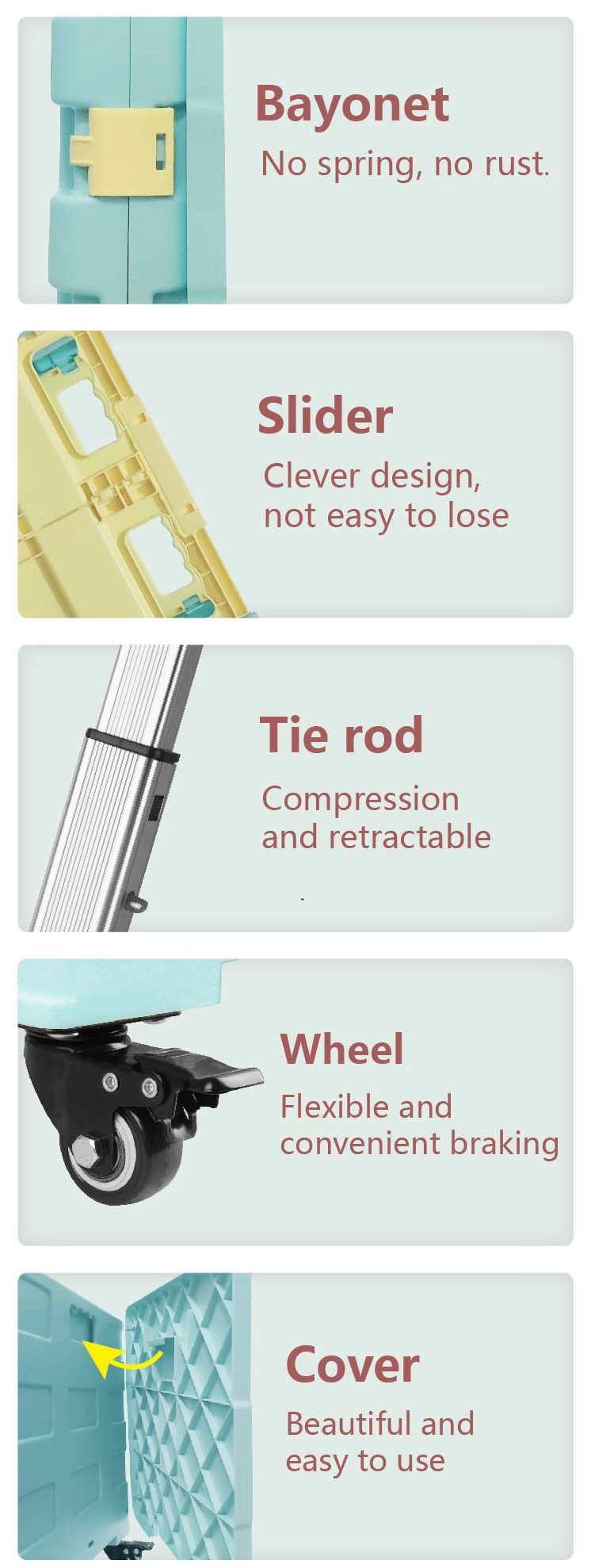 Close up of cart mechanical features like bayonet lock and retractable handle