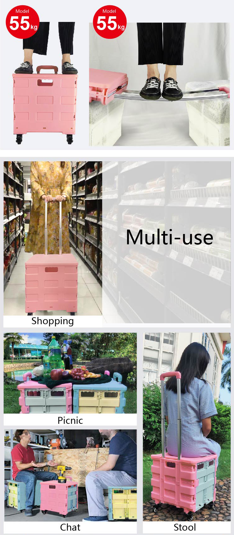 Cart being used in various scenarios including as a seat