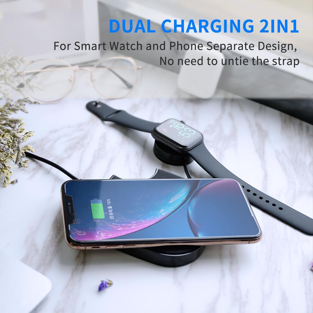 15W 2-in-1 wireless charging pad showing simultaneous charging of a phone and watch