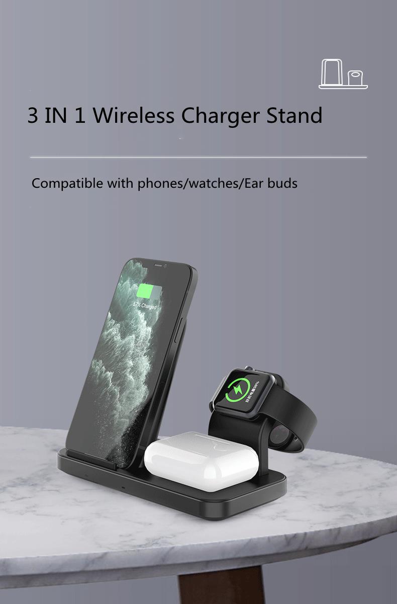 3-in-1 wireless charging stand showing multiple devices charging