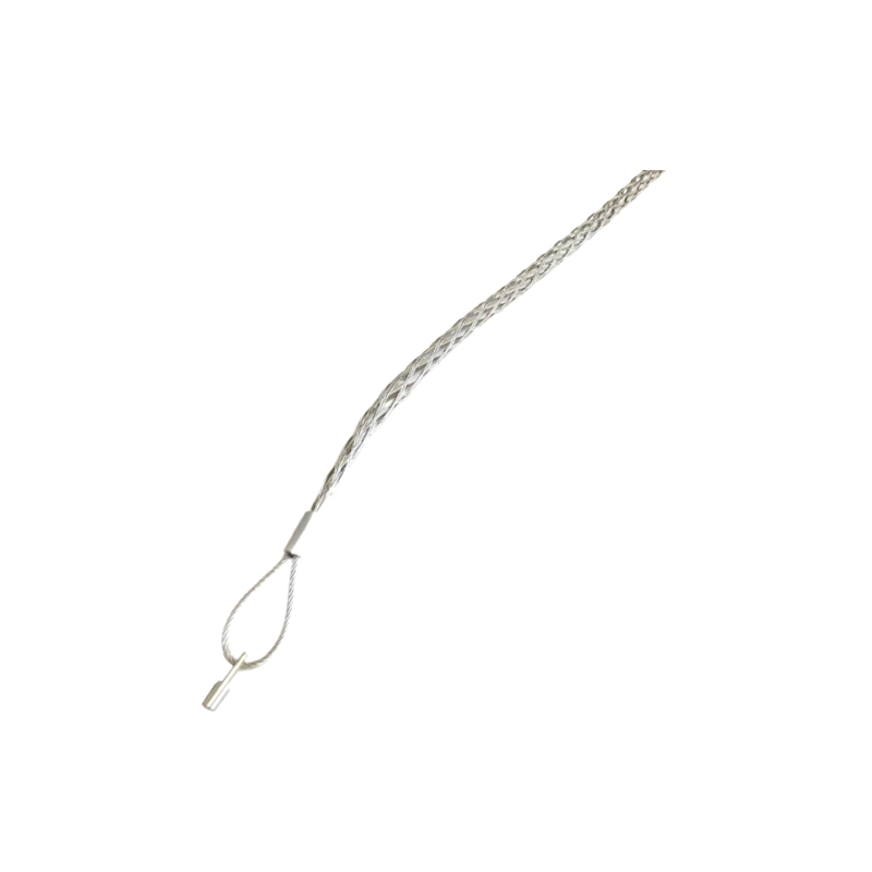 Braided wire mesh fiber optic pulling grip with integral eye