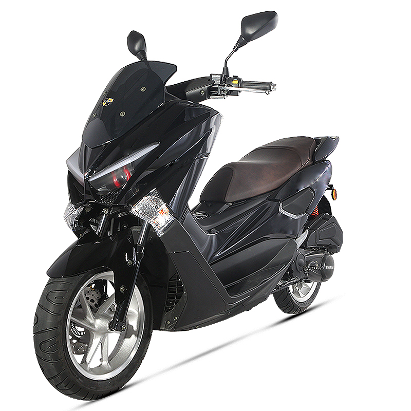 Front view of the sporty scooter with windshield and LED headlights