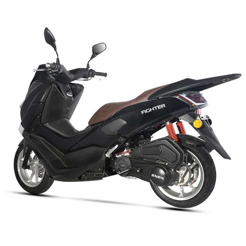 Rear view of the scooter showing suspension and wheels