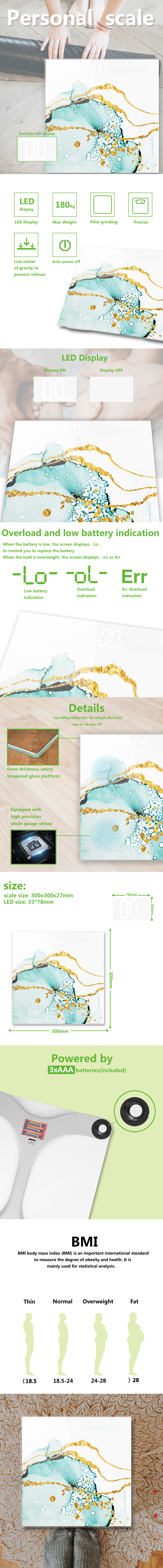 Detailed view of the LED body scale features, including dimensions, BMI chart, and indicator alerts.