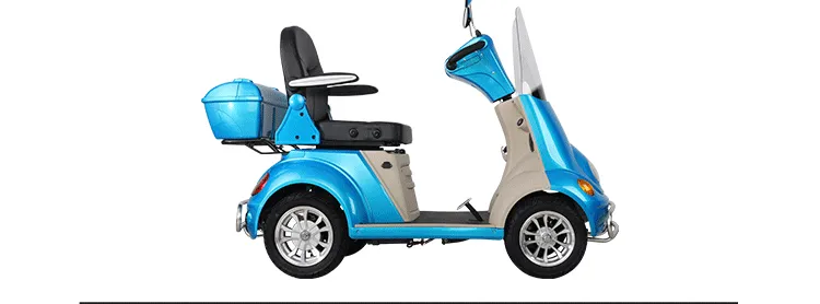 Side profile of the electric scooter showing armrests and foot platform