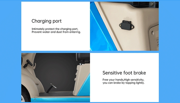 Detail view of the charging port and foot brake