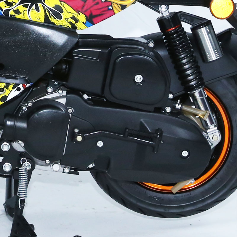 Close-up of the scooter engine and rear wheel assembly