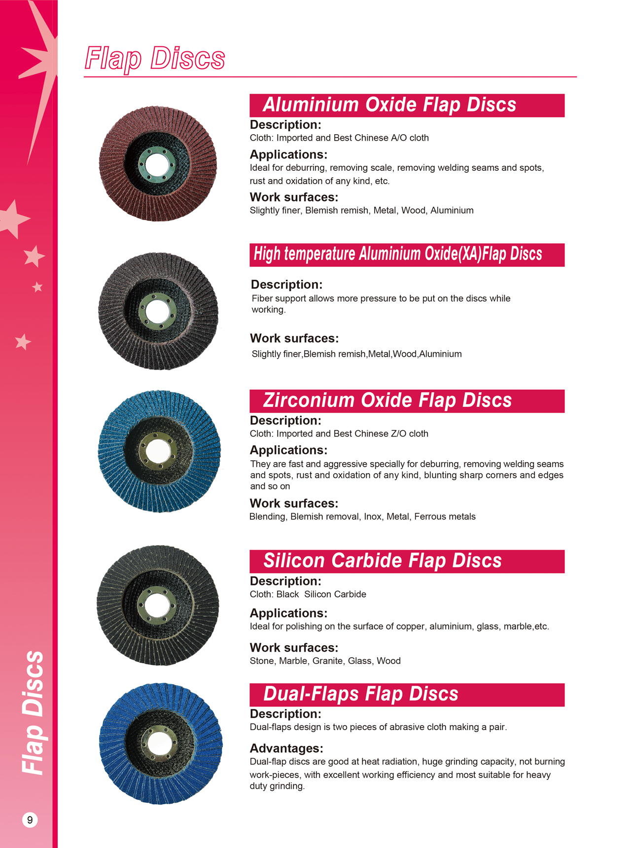 Range of abrasive flap discs including Aluminium Oxide, Zirconium, and Silicon Carbide variants.