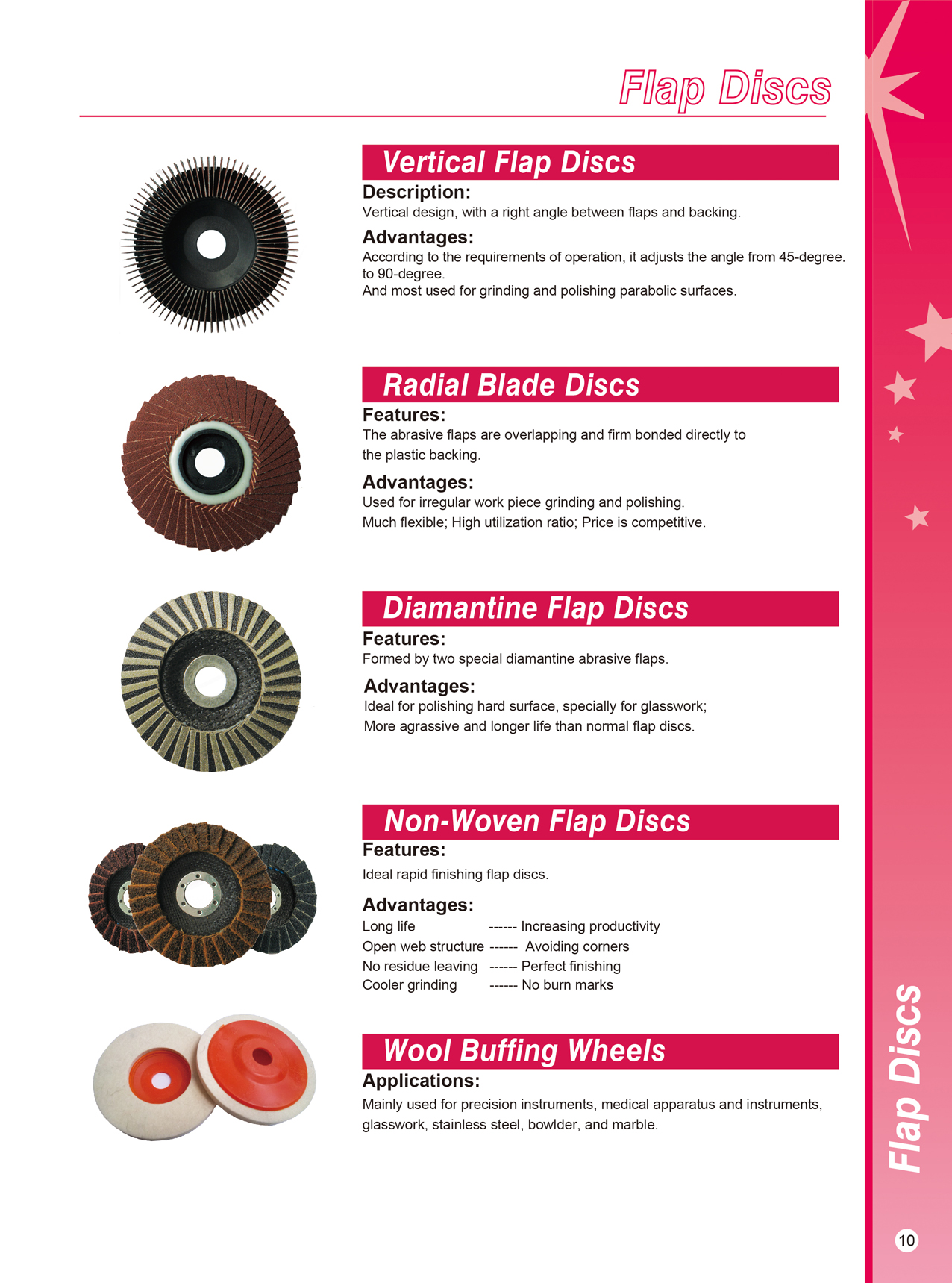 Diagram showing vertical, radial, and non-woven flap disc designs.