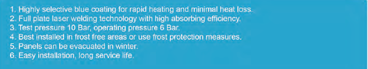 Technical features of the solar collector including selective blue coating and pressure ratings.