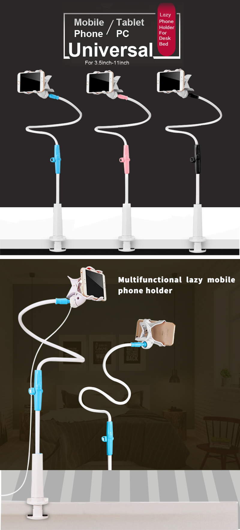Universal mobile phone and tablet holder showing compatibility range