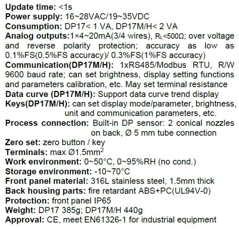 Technical specifications and electrical requirements for the pressure transmitter
