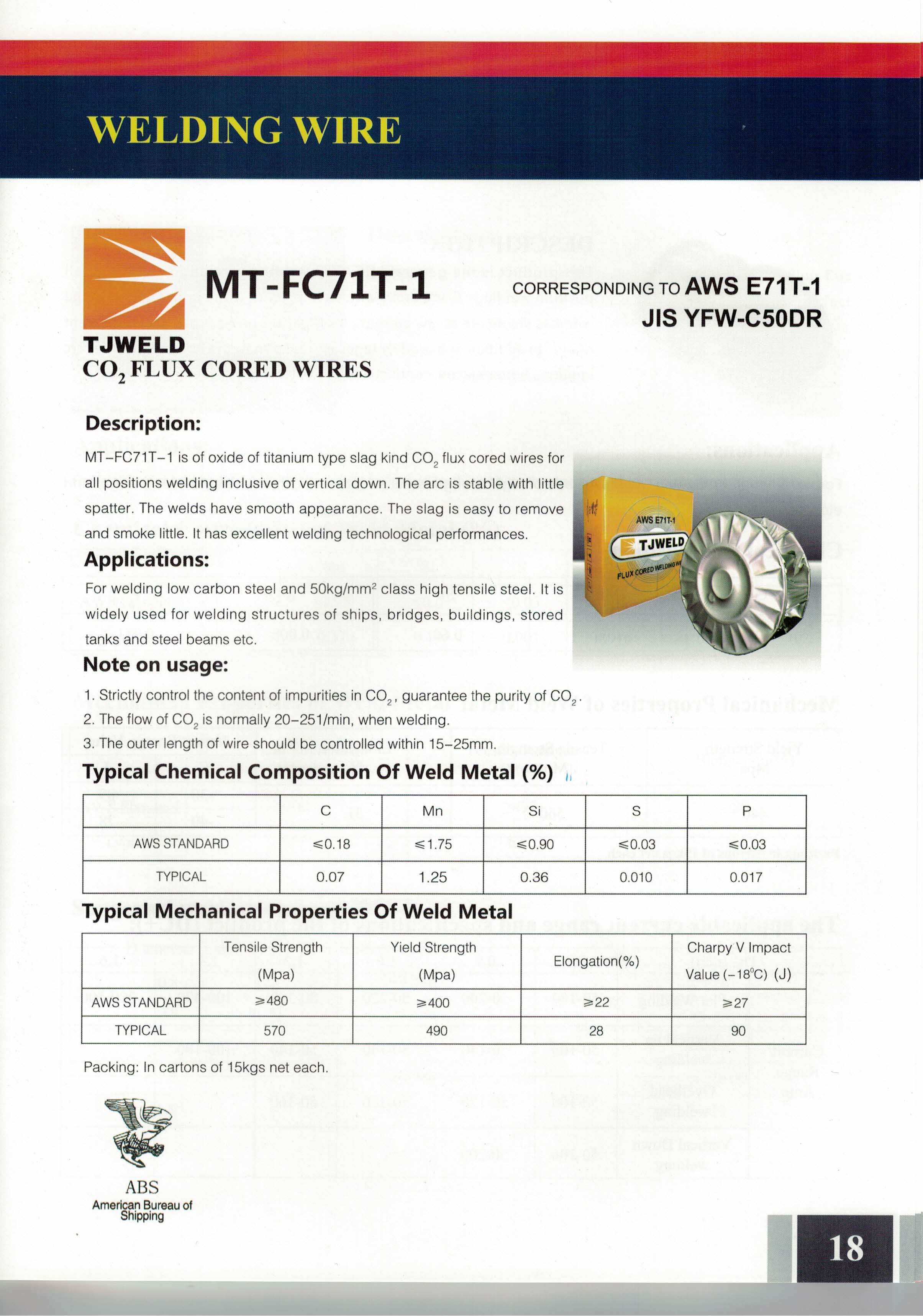 Flux-cored welding wire technical data sheet showing chemical composition and mechanical properties