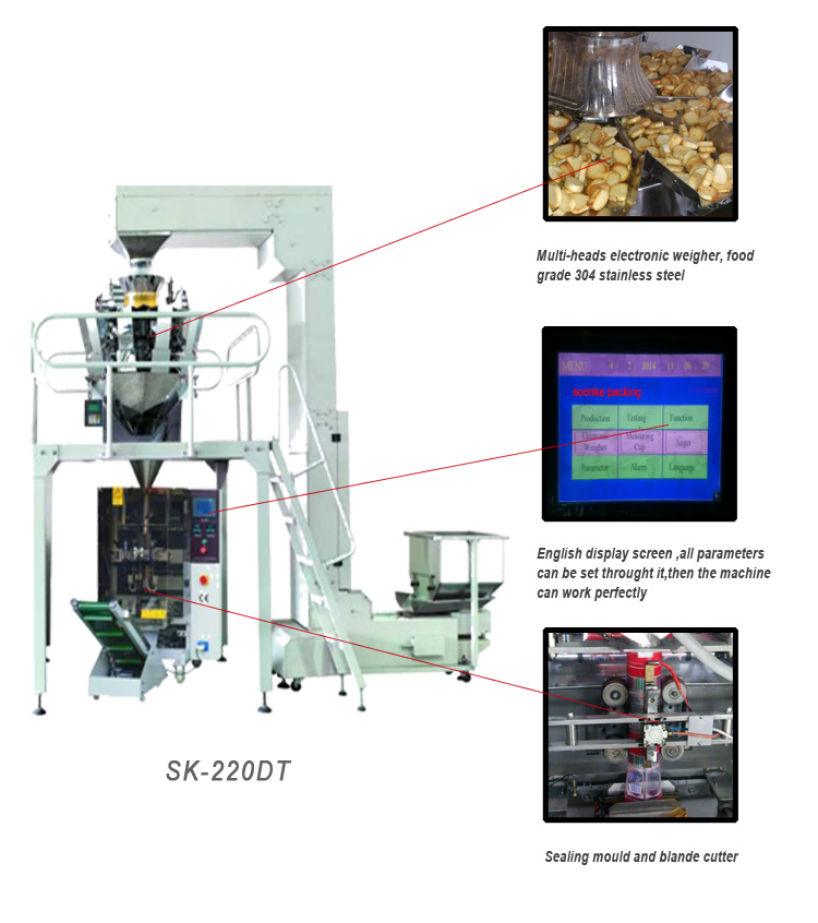 Close up of the vertical form fill seal machine control panel and stainless steel weigher components.