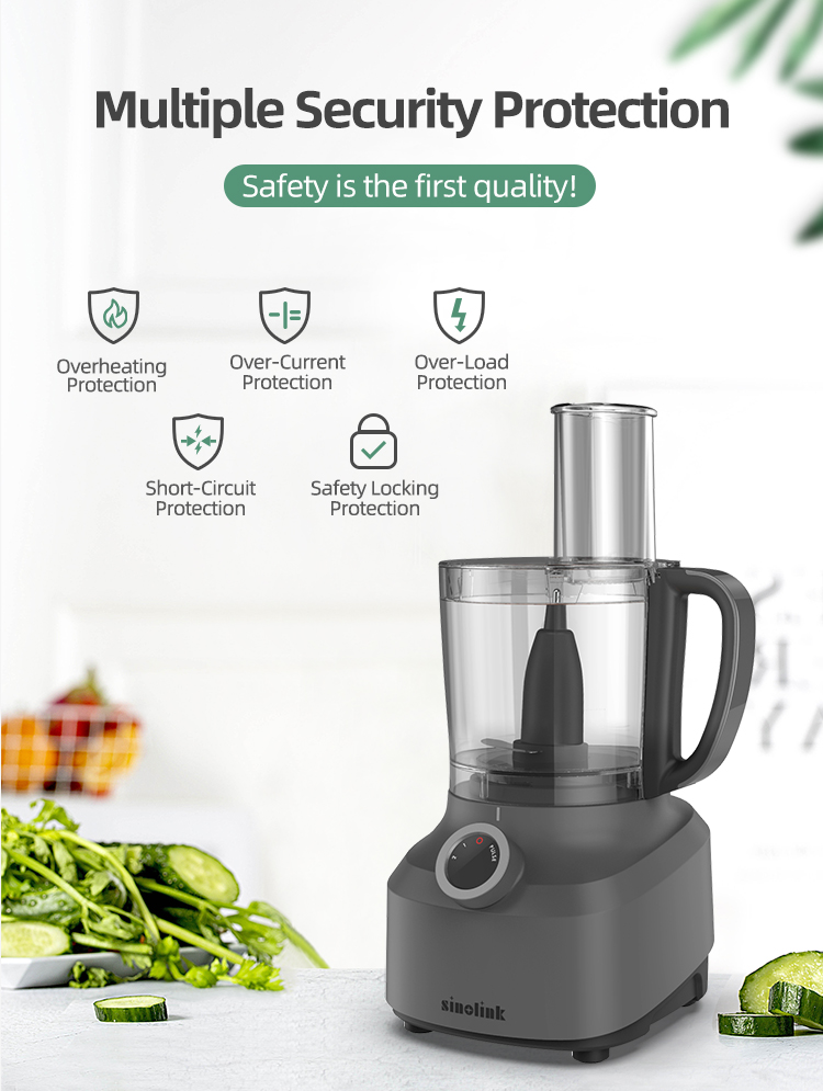 Diagram highlighting multiple safety protection features of the food processor