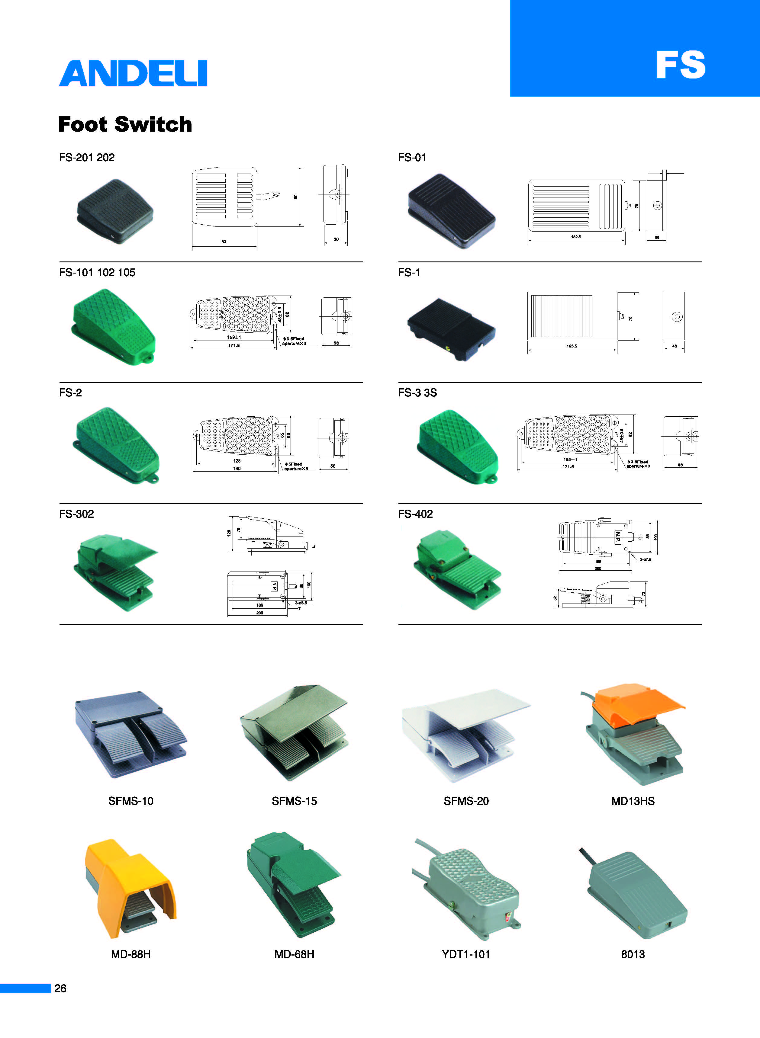Range of FS series industrial foot switches showing various models and dimensional drawings