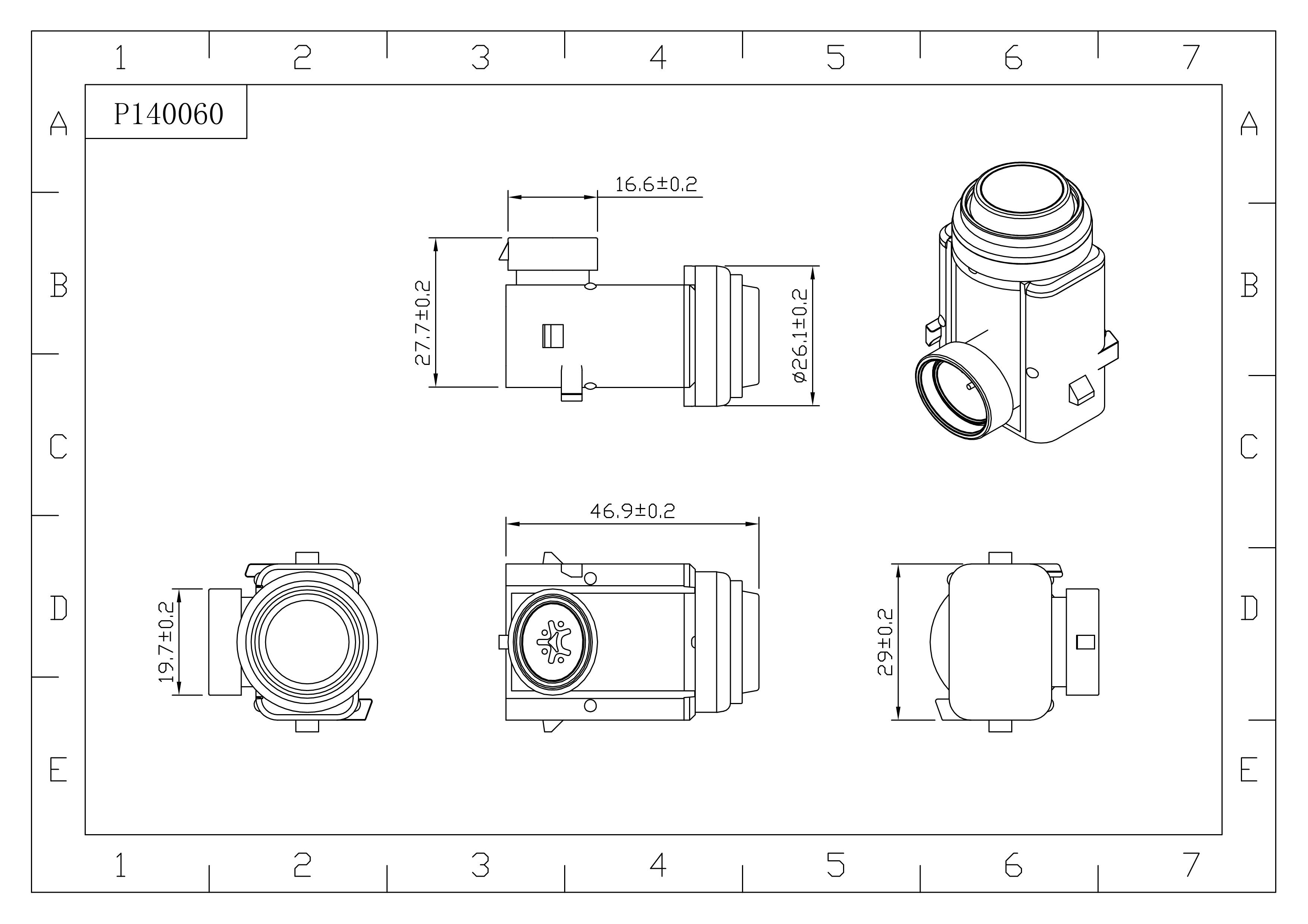 Technical diagram showing dimensions and pin layout of the parking sensor