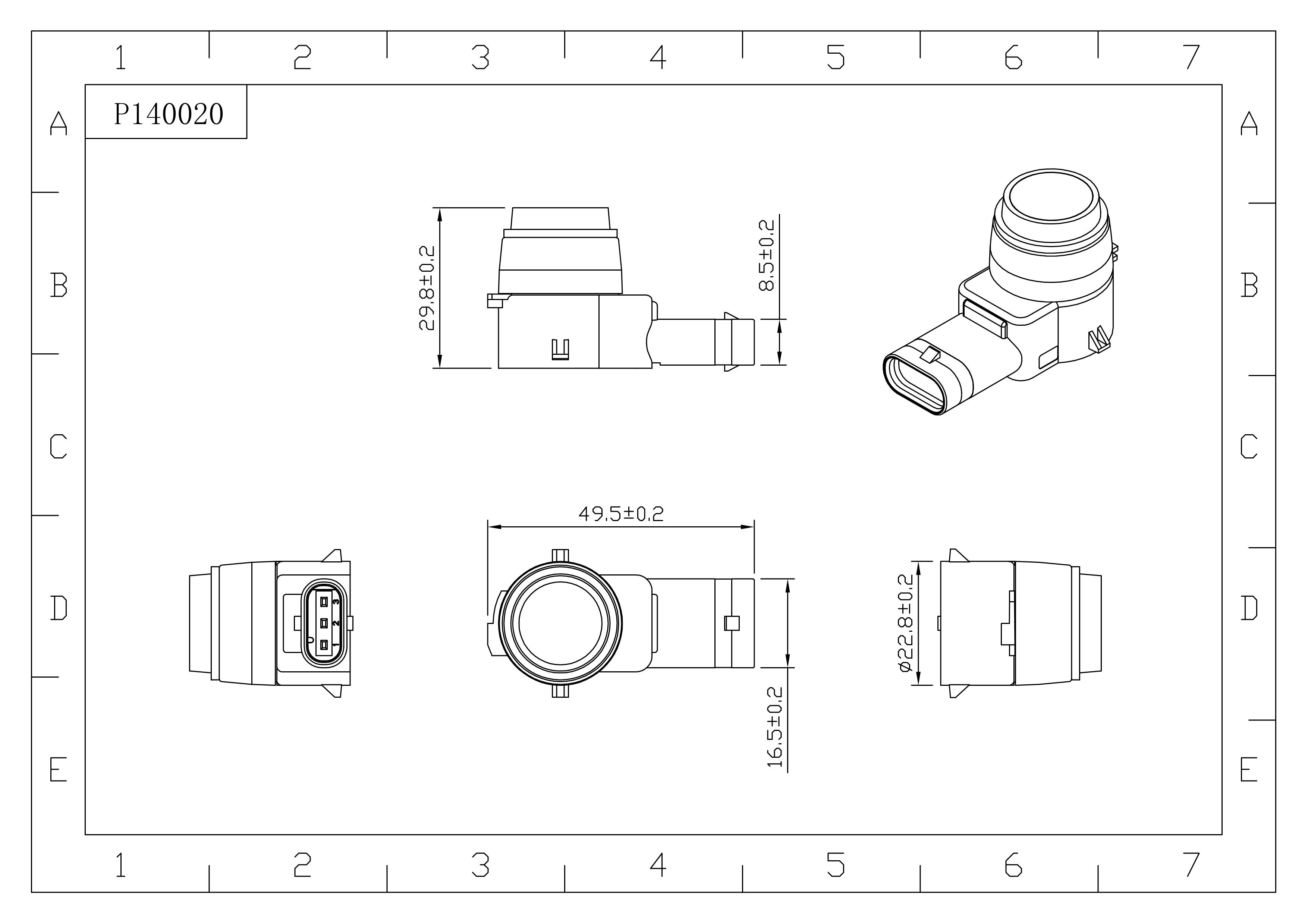 Technical diagram of the parking sensor with dimension measurements.