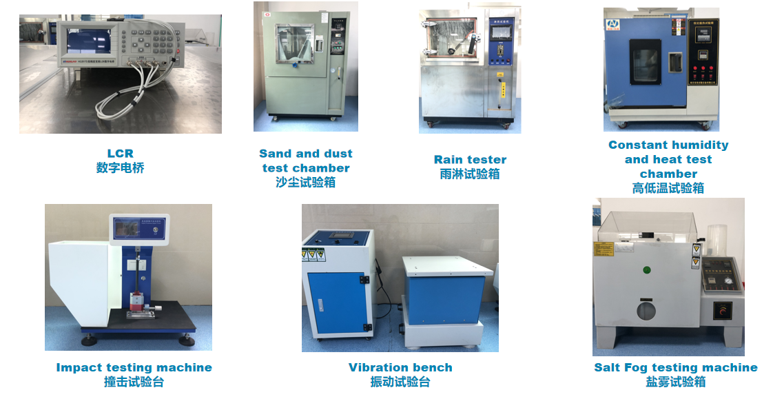 Environmental testing equipment including salt fog, vibration, and humidity chambers.