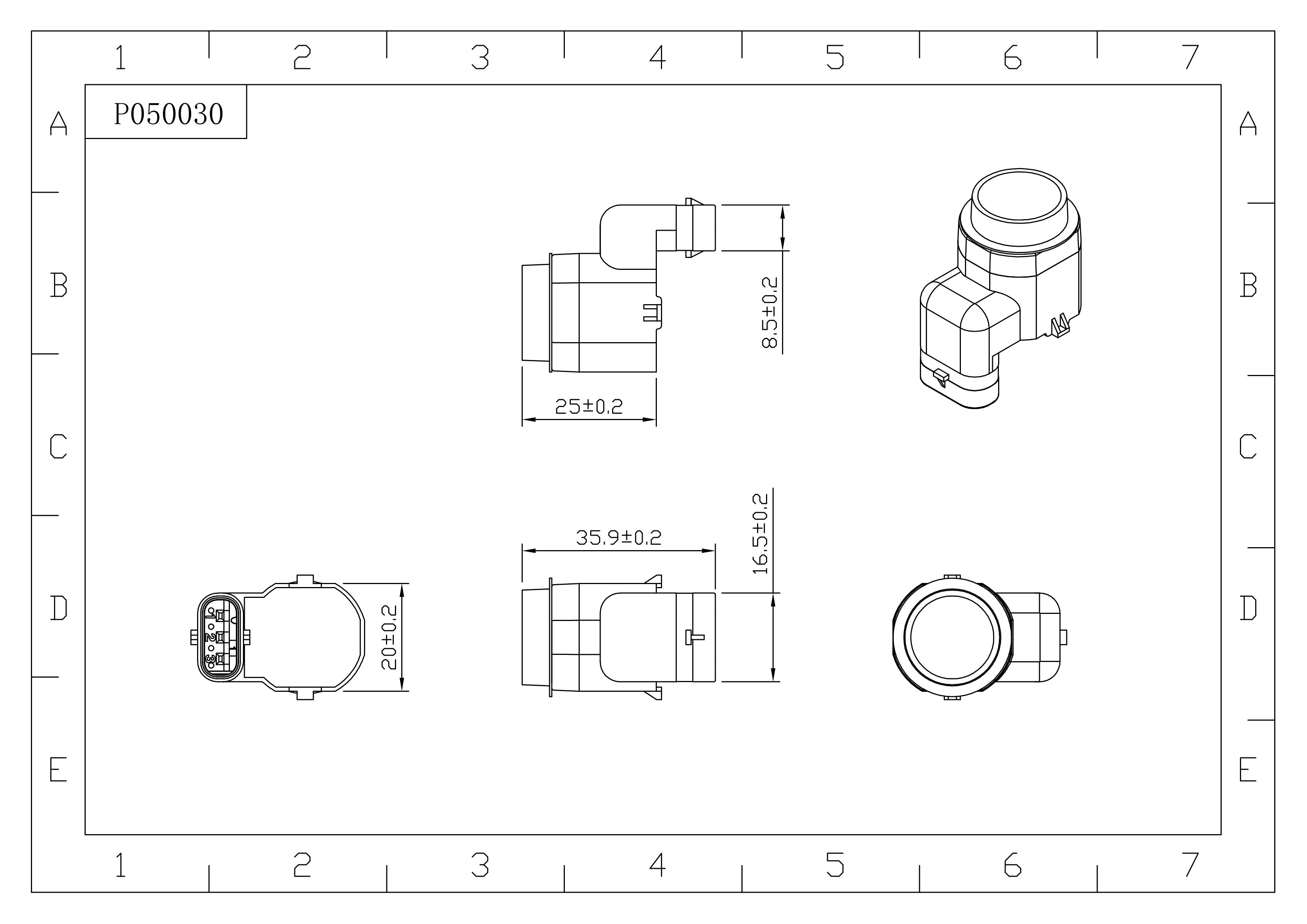 Technical drawing of the parking assist sensor showing critical dimensions