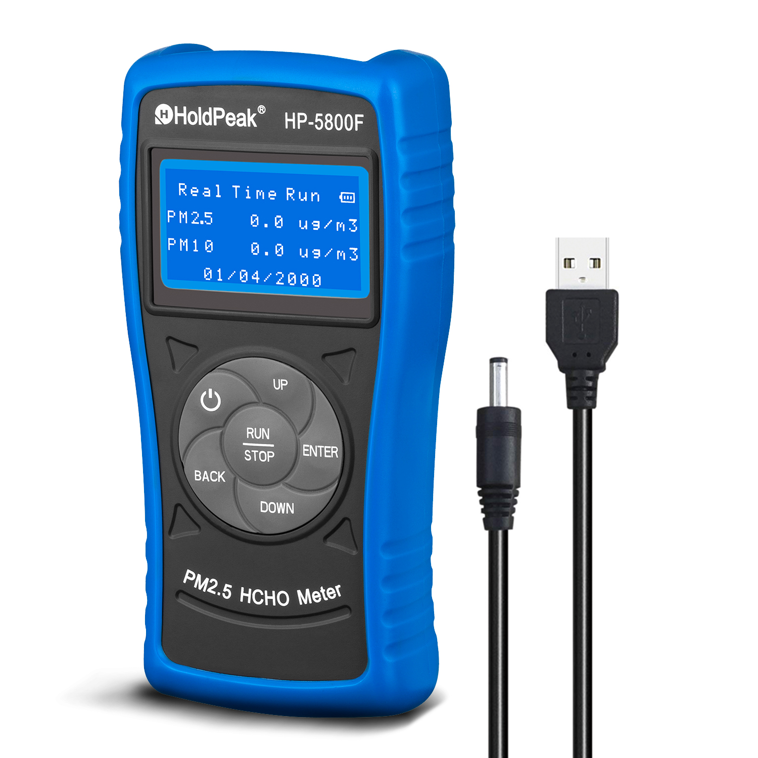 Handheld air quality monitor displaying real-time PM2.5 and PM10 readings on an LCD screen.