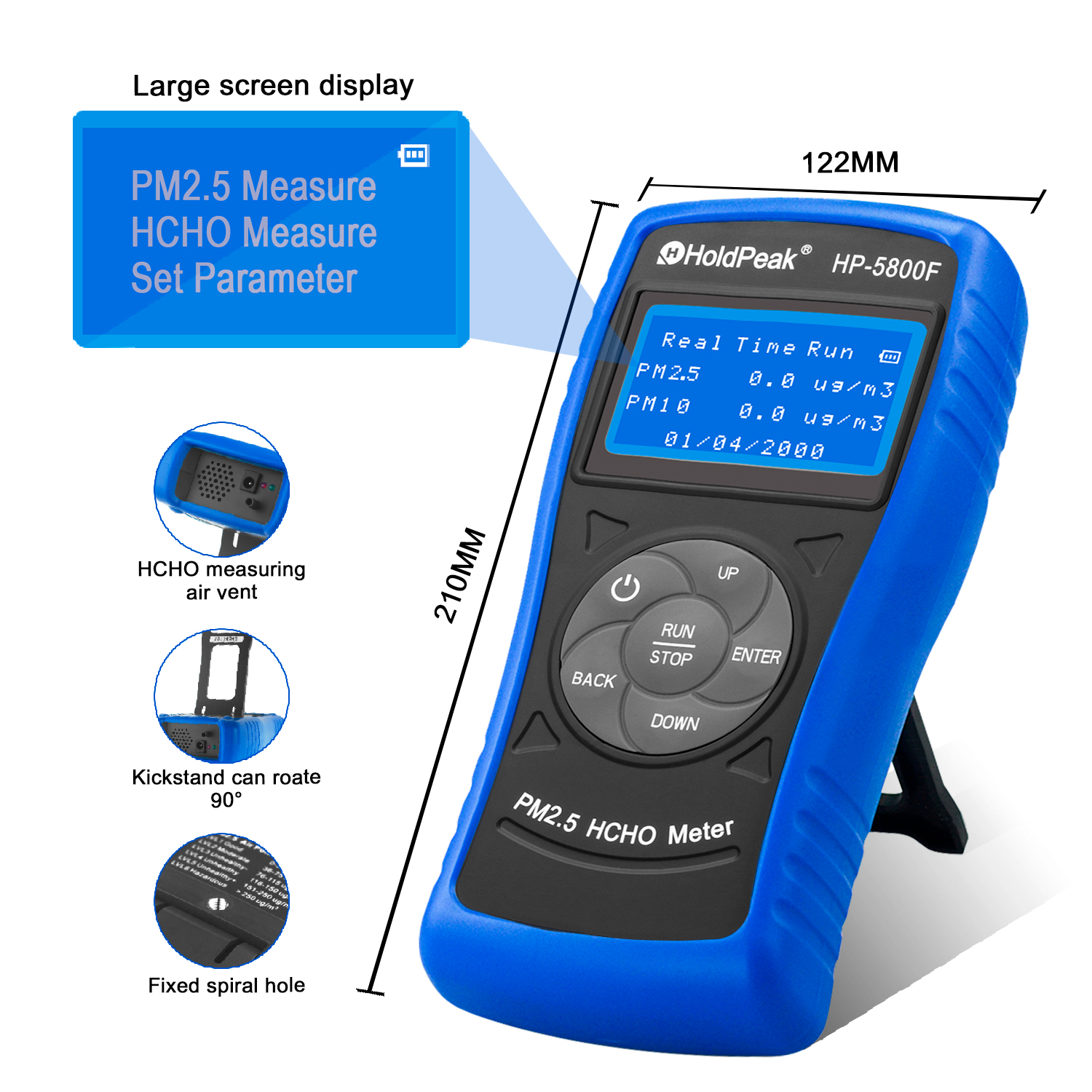 The air quality meter showing its kickstand, air vent, and measurement parameters.