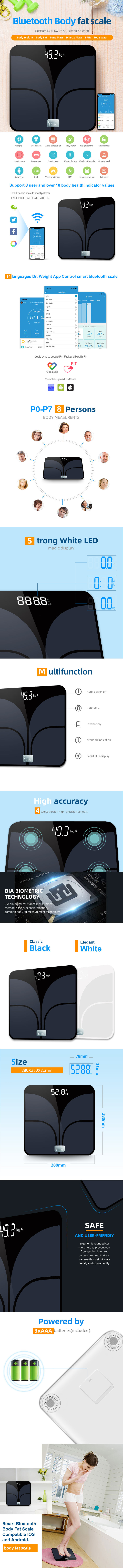 Infographic showing the smart scale features, app connectivity, and technical specifications.