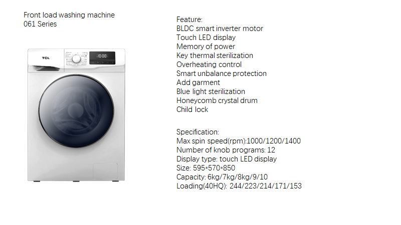 Infographic showing the front-load washing machine features and specifications