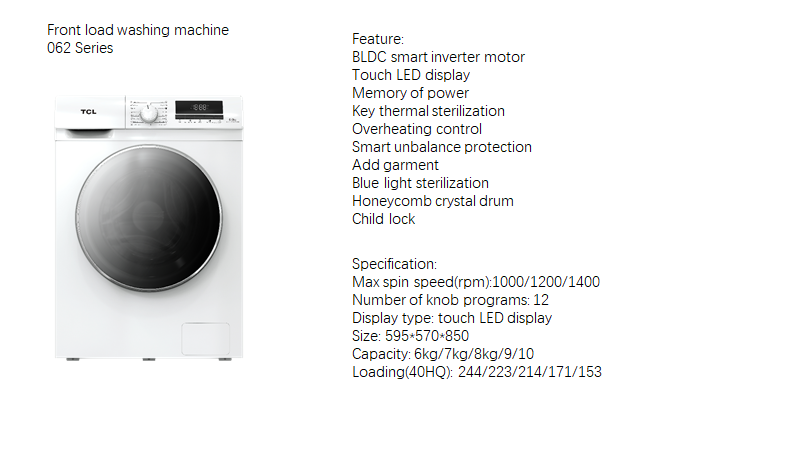 Front-loading washing machine features and technical specifications infographic