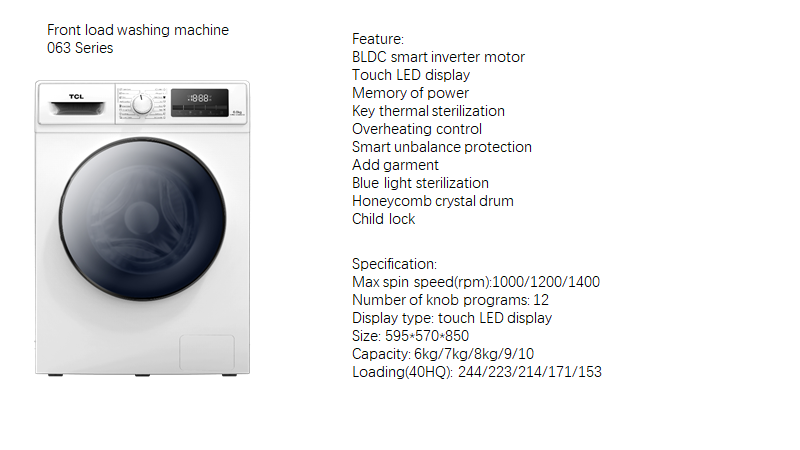 Infographic showing the front-loading washing machine features and technical specifications.