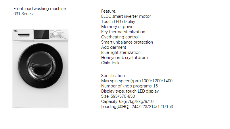 Front-loading washing machine features and technical specifications infographic