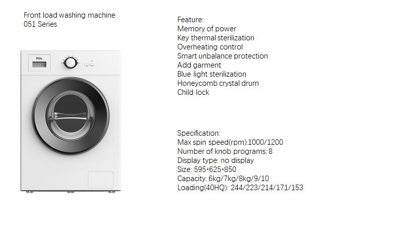 Infographic showing features and specifications of the 051 series front load washing machine