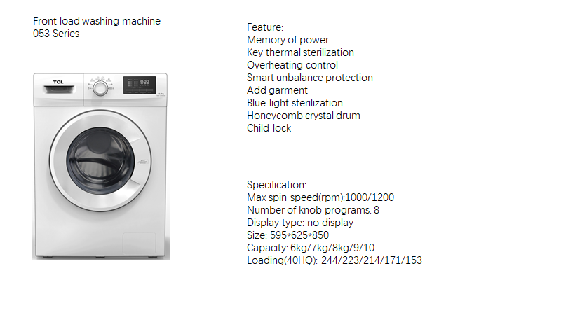 Front load washing machine features and technical specifications infographic