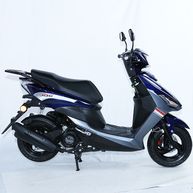 Blue and gray scooter motorcycle with luggage rack