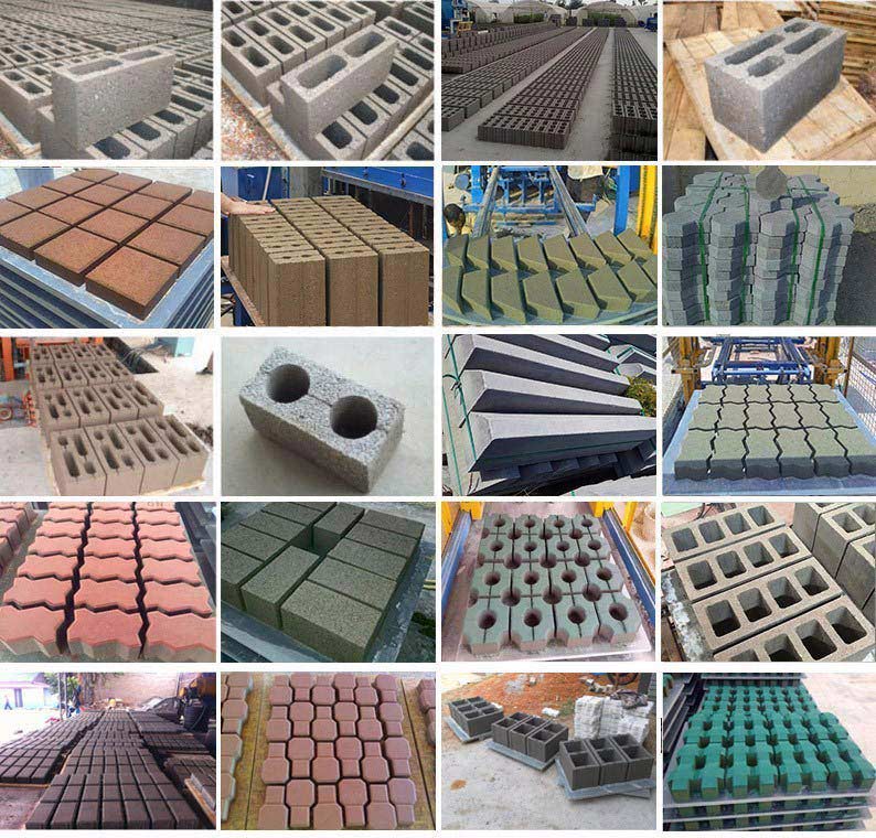 Assortment of finished concrete blocks stacked on pallets