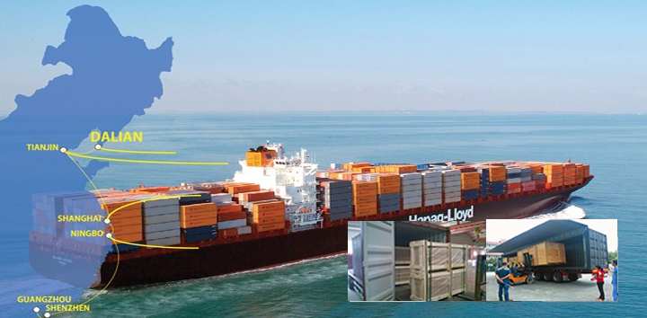 Map and container ship representing global shipping logistics