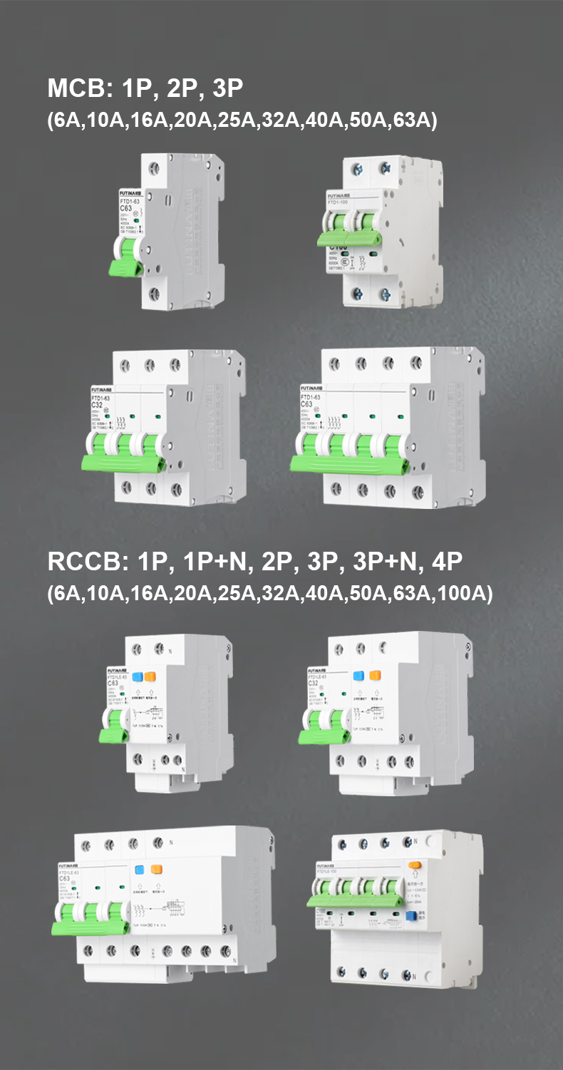 Range of circuit breakers including MCB and RCCB types