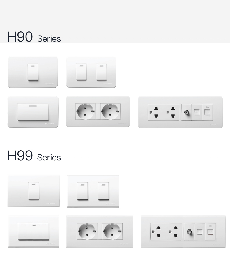 Comprehensive range of Italian standard switches and sockets