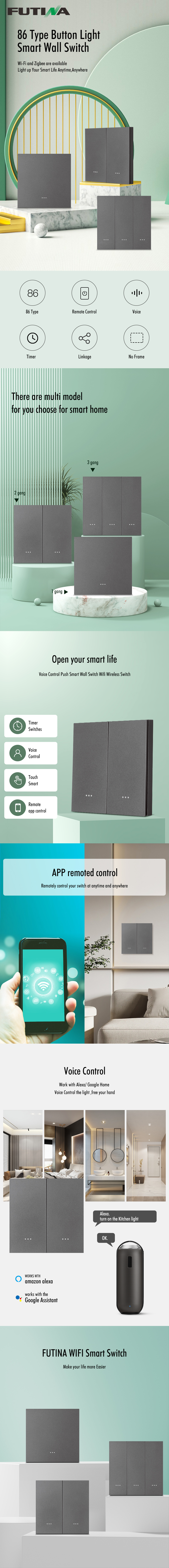 Smart light switch display showing various control features like timer, voice control, and app integration.