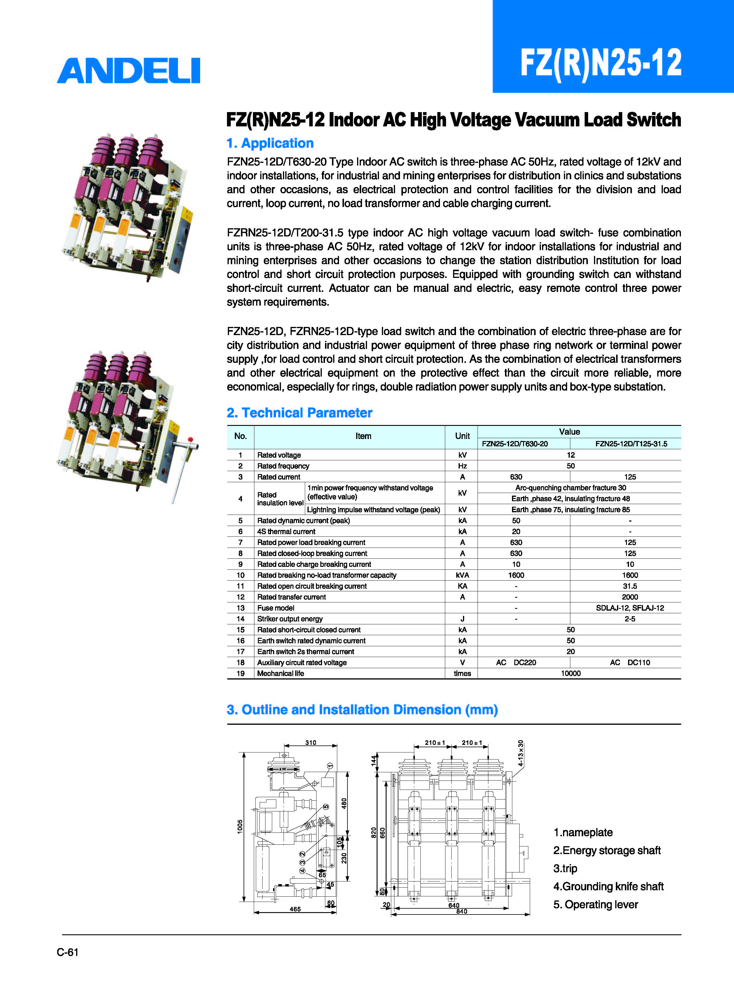 Technical diagram and overview of the FZN25-12 indoor load break switch