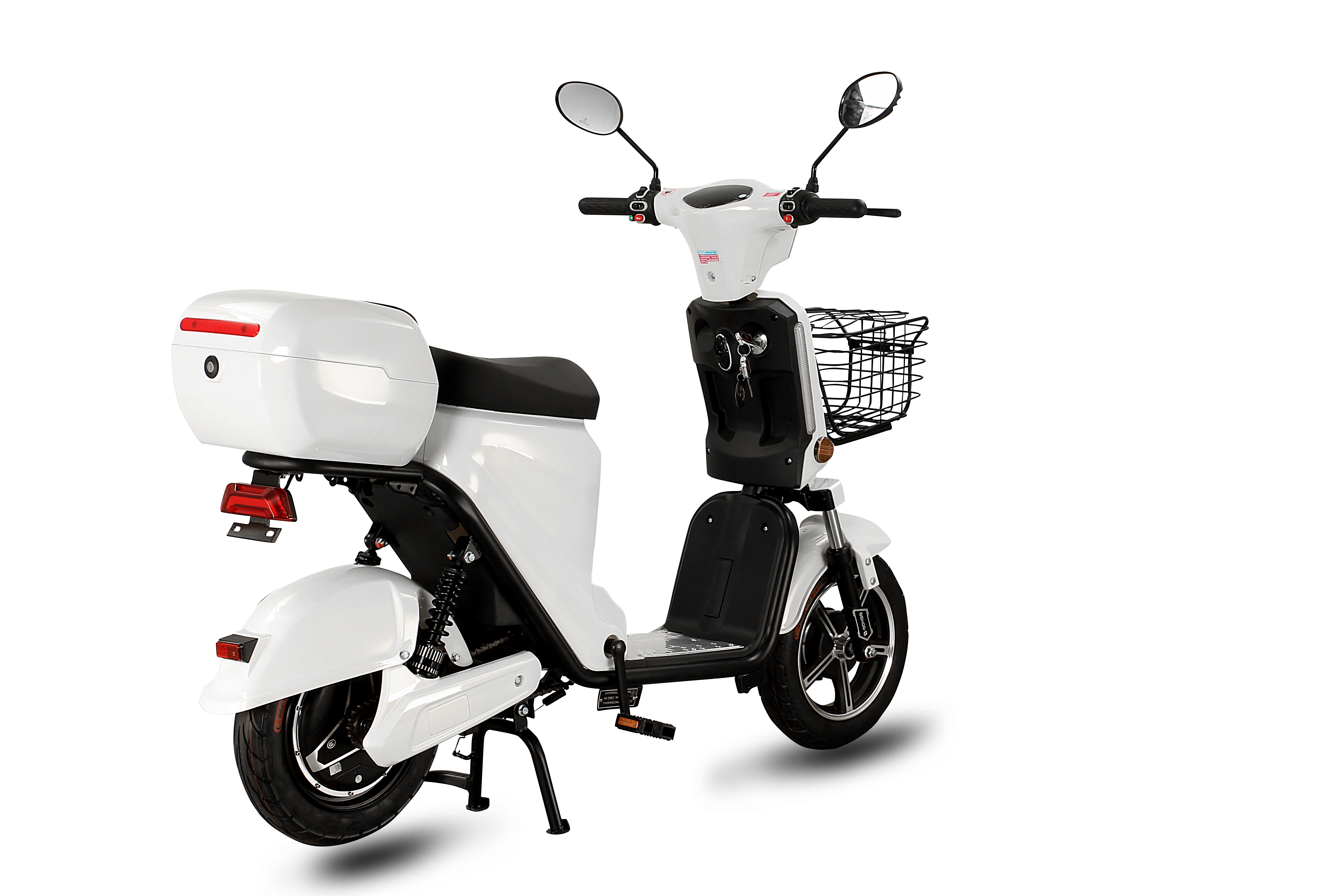 Electric motorcycle showing suspension and rear storage
