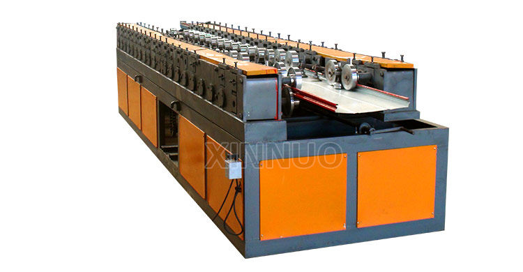 Garage door panel roll forming machine side view