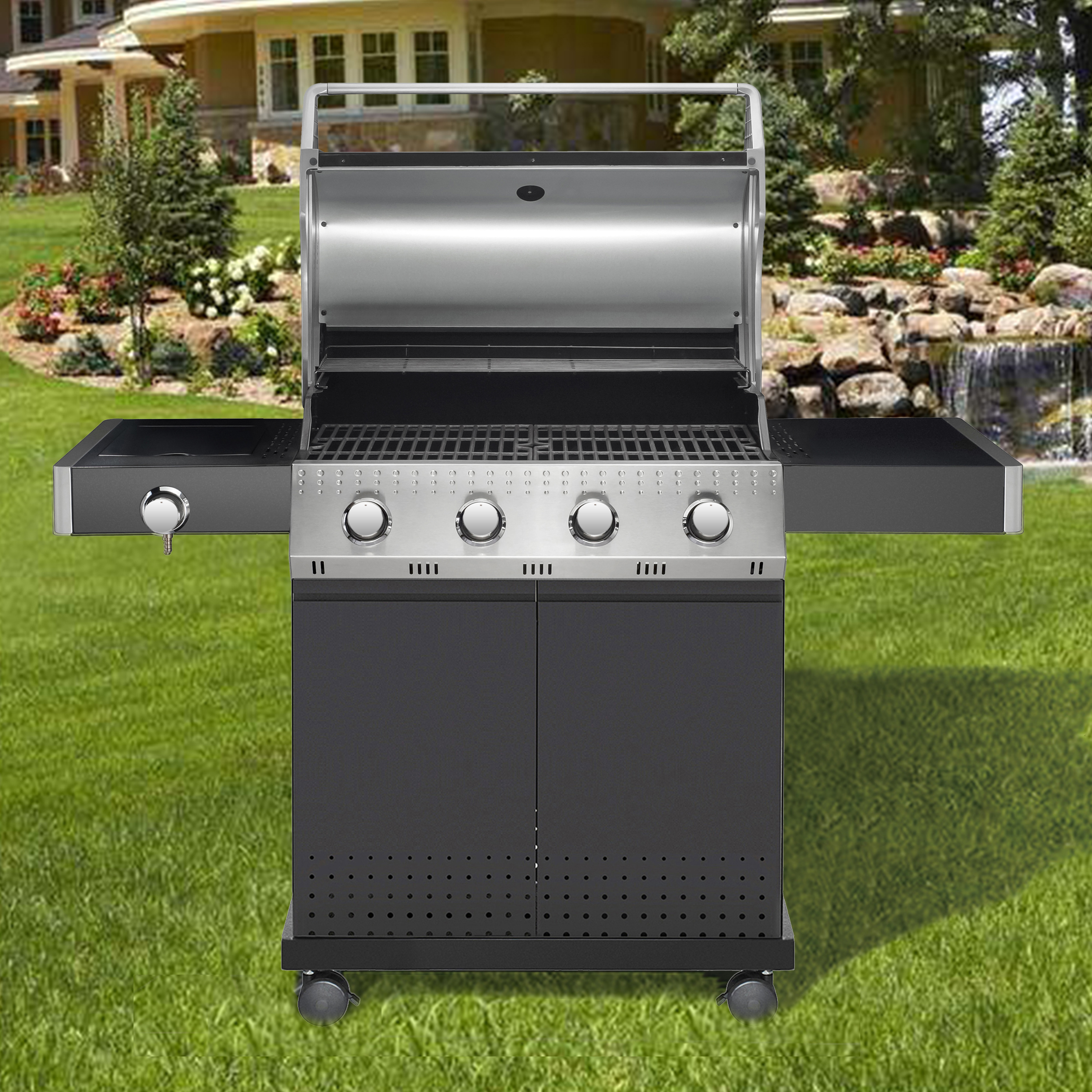 Freestanding Outdoor Gas Grill with Burners and Storage