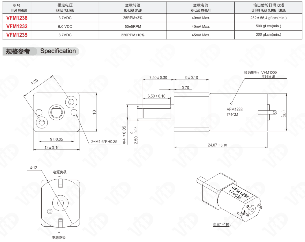 Technical diagram showing VFM12 series motor dimensions and performance specifications table