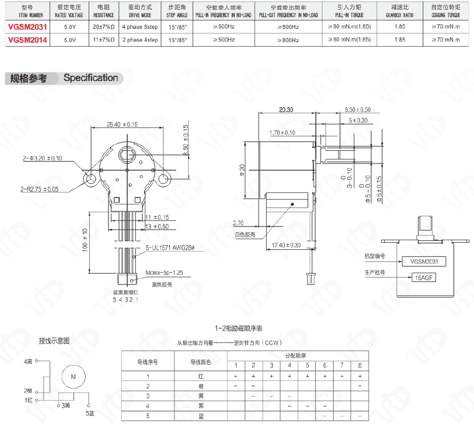 Technical specification sheet for VGSM20 series gear motor showing dimensions and wiring diagram.