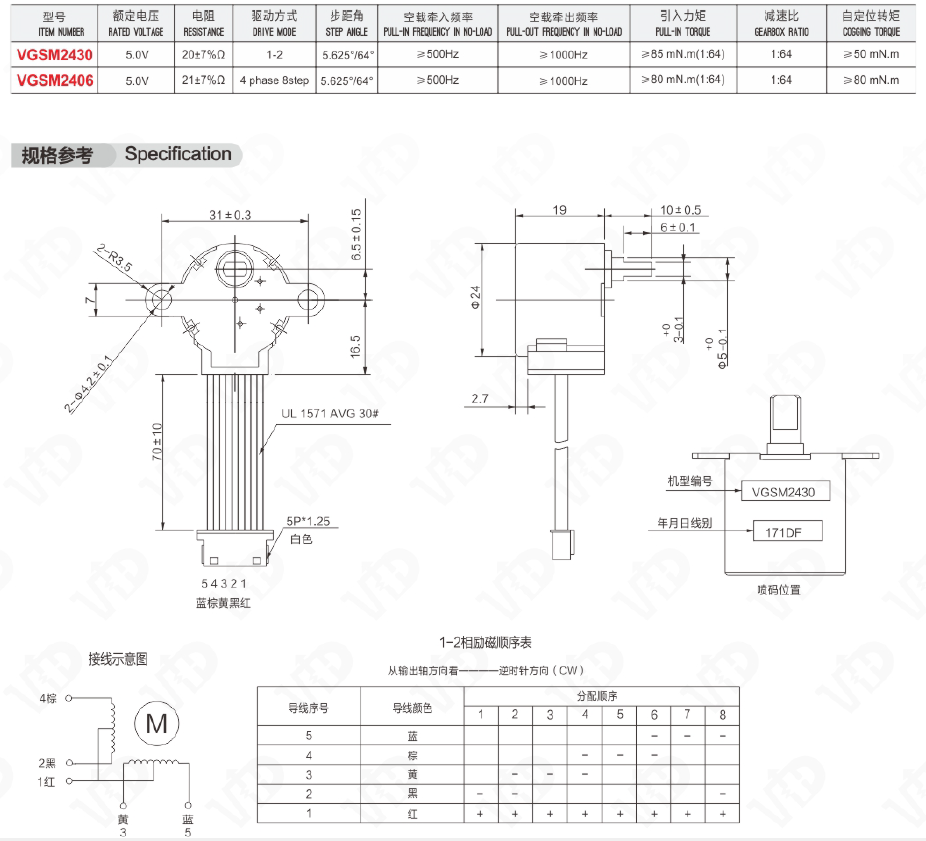 Technical specification diagram and wiring schematic for VGSM24 series gear motors