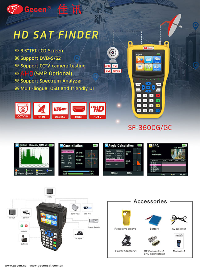 Digital satellite finder showing screen interface and accessories
