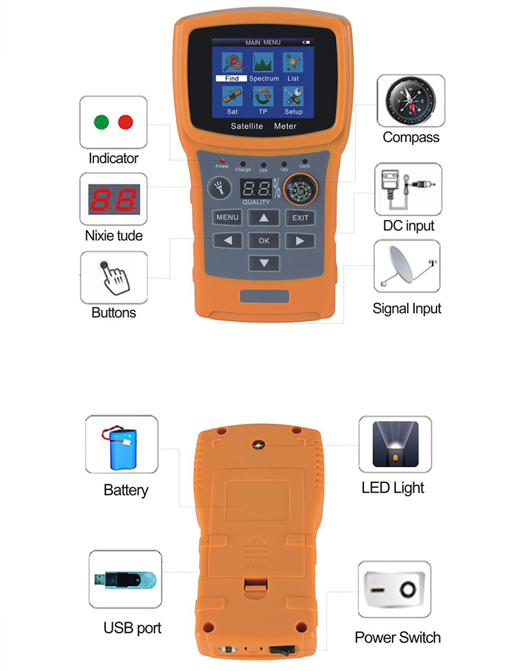 Digital satellite finder showing screen interface and hardware buttons