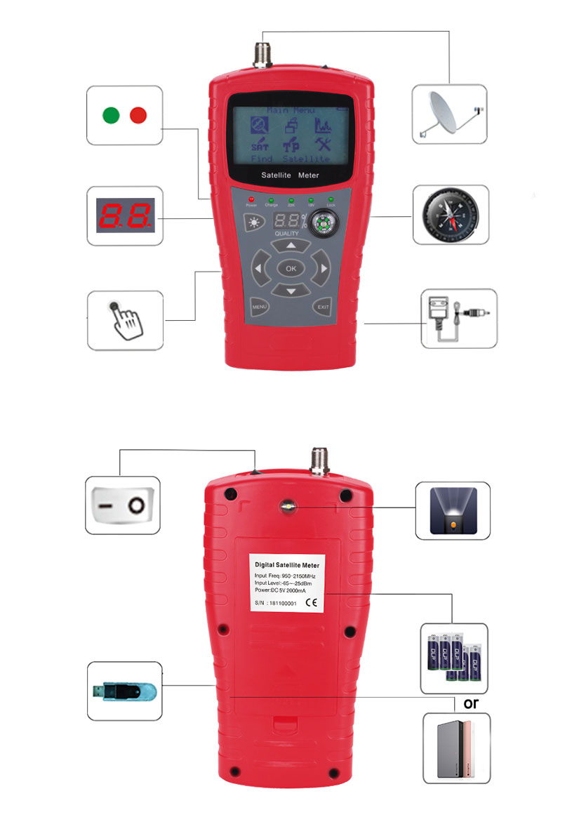 Close up of the satellite finder device showing the menu interface and screen